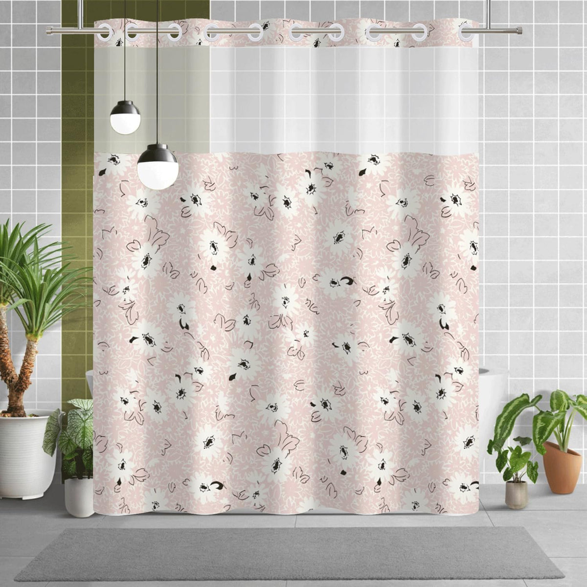 No Hook Shower Curtain with Snap in Liner Set (Pink Flowers)