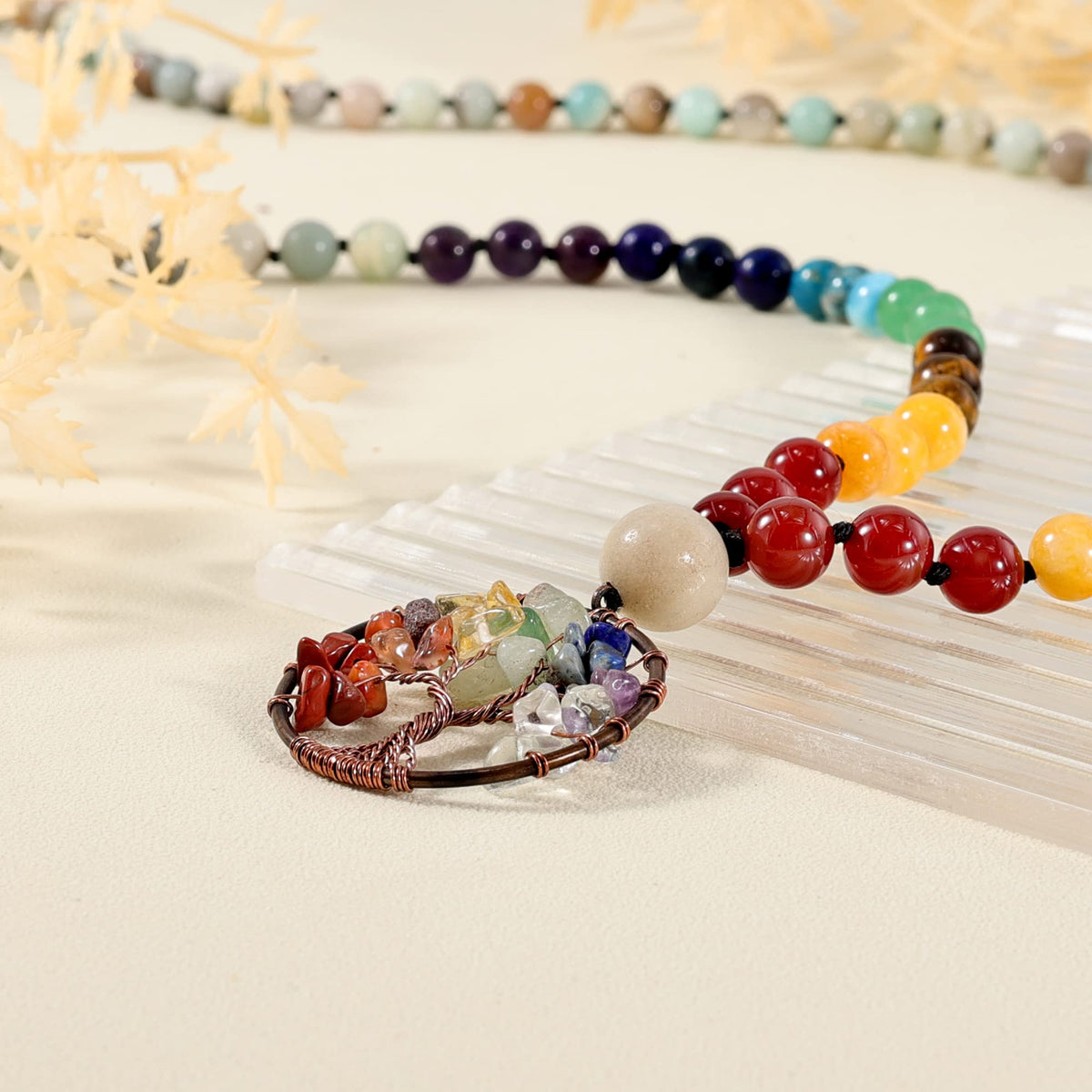 108 Mala Beads Necklace Life Tree 7 Chakra Wrap Bracelet Real Gemstone Yoga Meditation Hand Knotted Mala Prayer Bead Necklace (8mm / Amazonite)