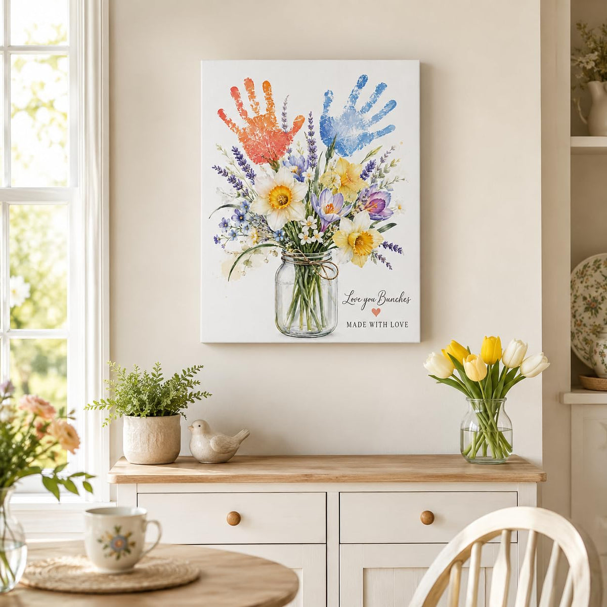 Handprint Floral Canvas Wall Art Framed Family Love Home Decor 12x16 Inch (Floral Handprint / 16"L x 12"W)