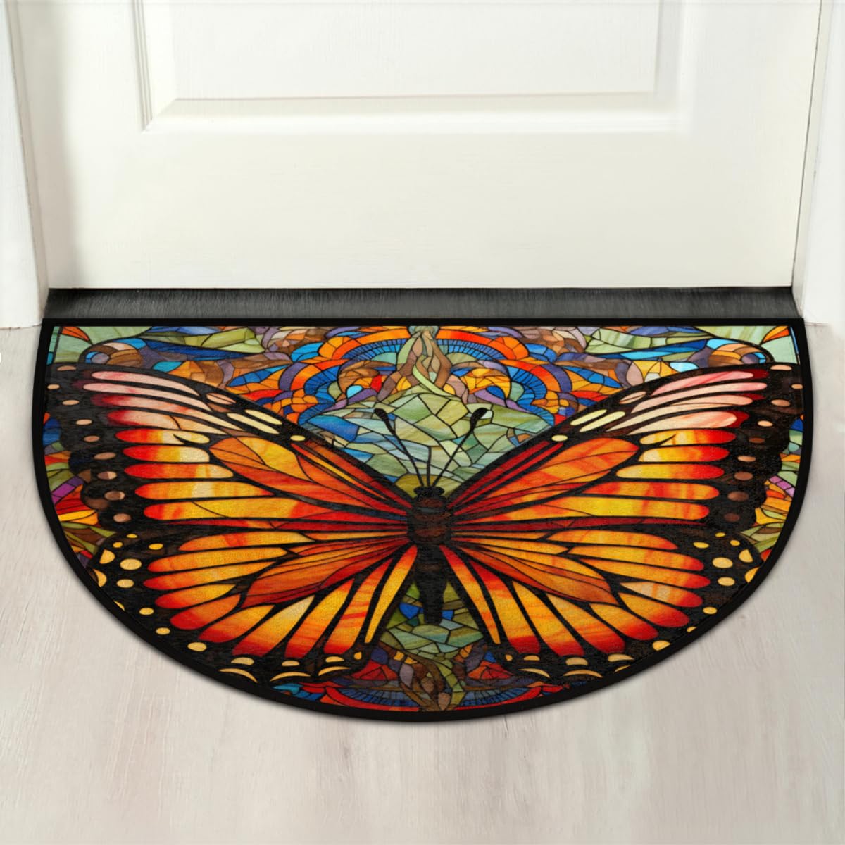 Butterfly Half Round Doormat Non Slip Semi Circle Rug Outdoor Welcome Mat (B 001)