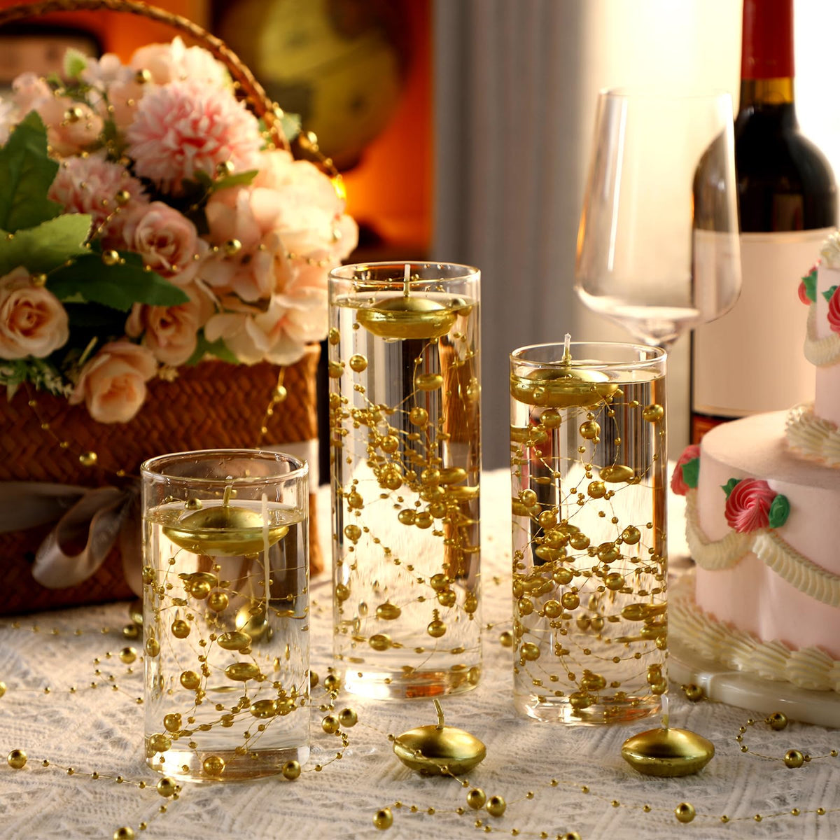 40 Pcs Gold Floating Candles and Pearl String Centerpiece Set (Gold)