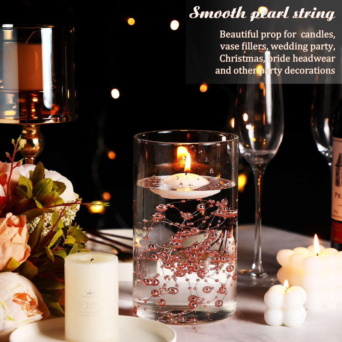 157 Feet 24 Strings Pearl String for Vases Floating Candles (Rose Gold)