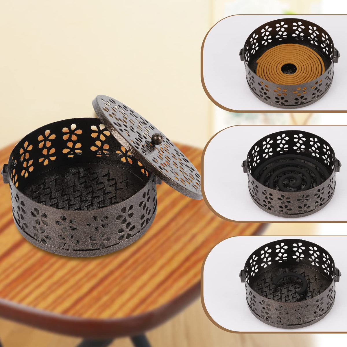Portable Iron Mosquito Coil Holder with Handle for Outdoor (Bronze)