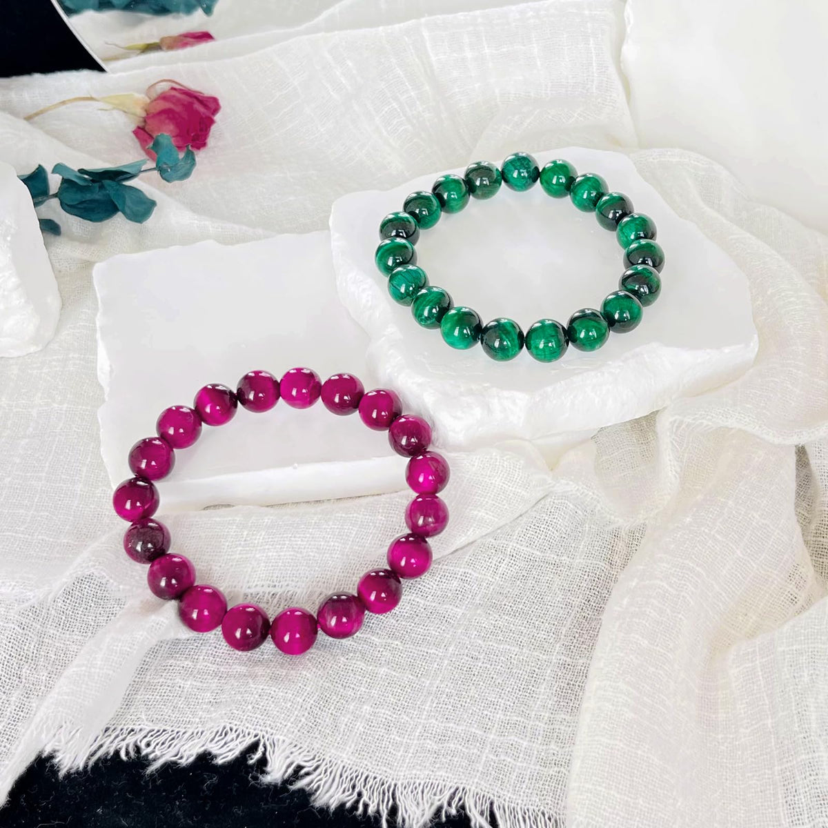 Natural obsidian bracelet (10mm Tiger Eye (Pink+Green)-2 Pcs)