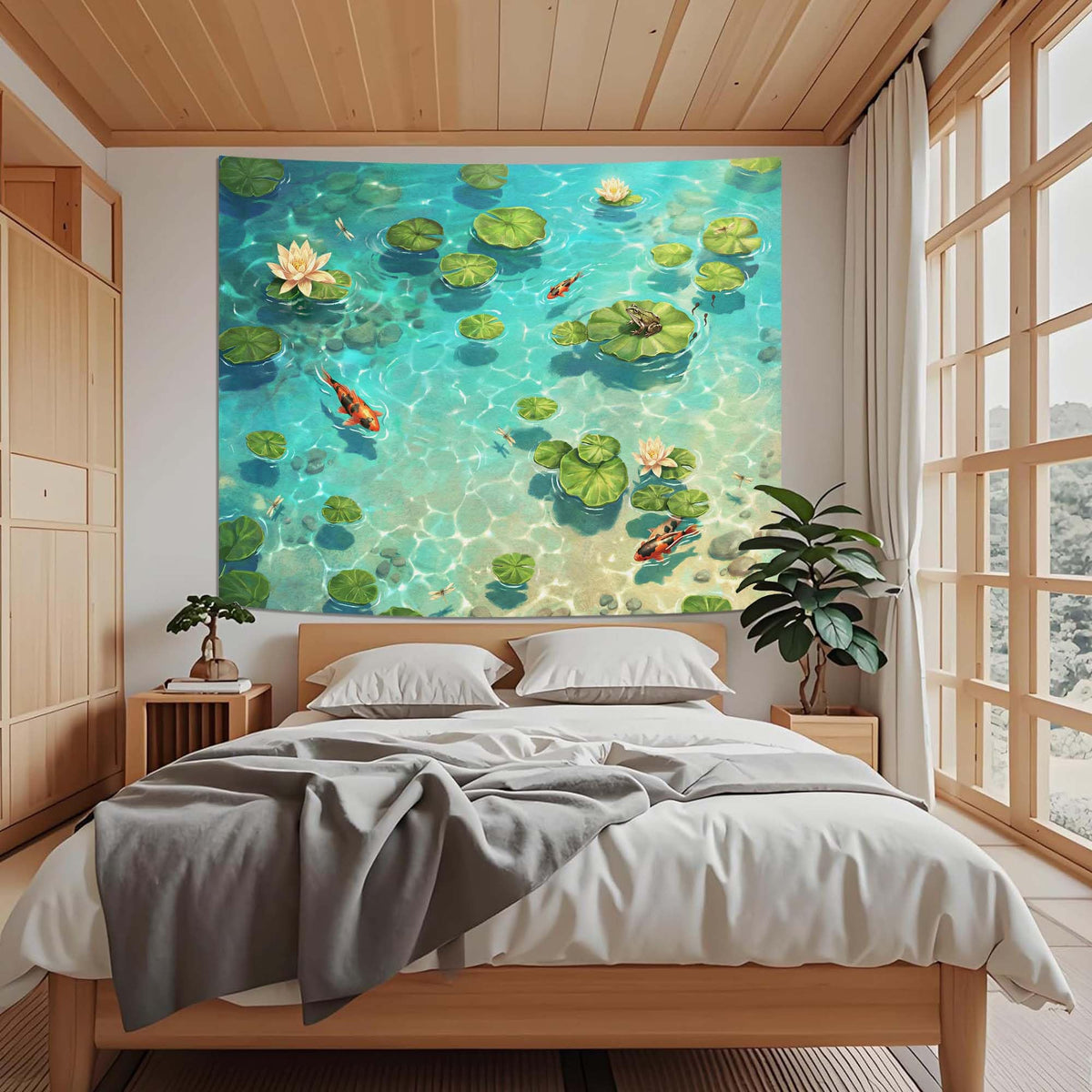 Japanese Summer Pond Tapestry (Art Deco / Teal / 80"L x 60"W)