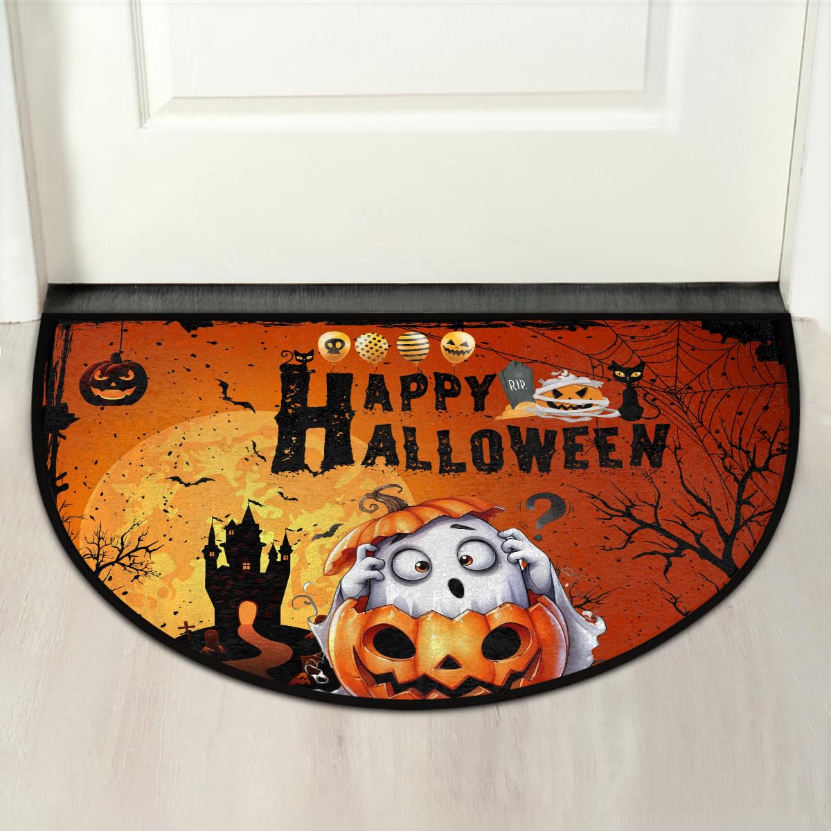 Halloween Ghosts Pumpkin Half Round Door Mat Non Slip Washable Halloween Semi Circle Area Rug Absorbent Soft Pumpkin Half Moon Rug Floor Mat for Indoor Kitchen Bathroom Patio Front Door Mat Decor (C1)