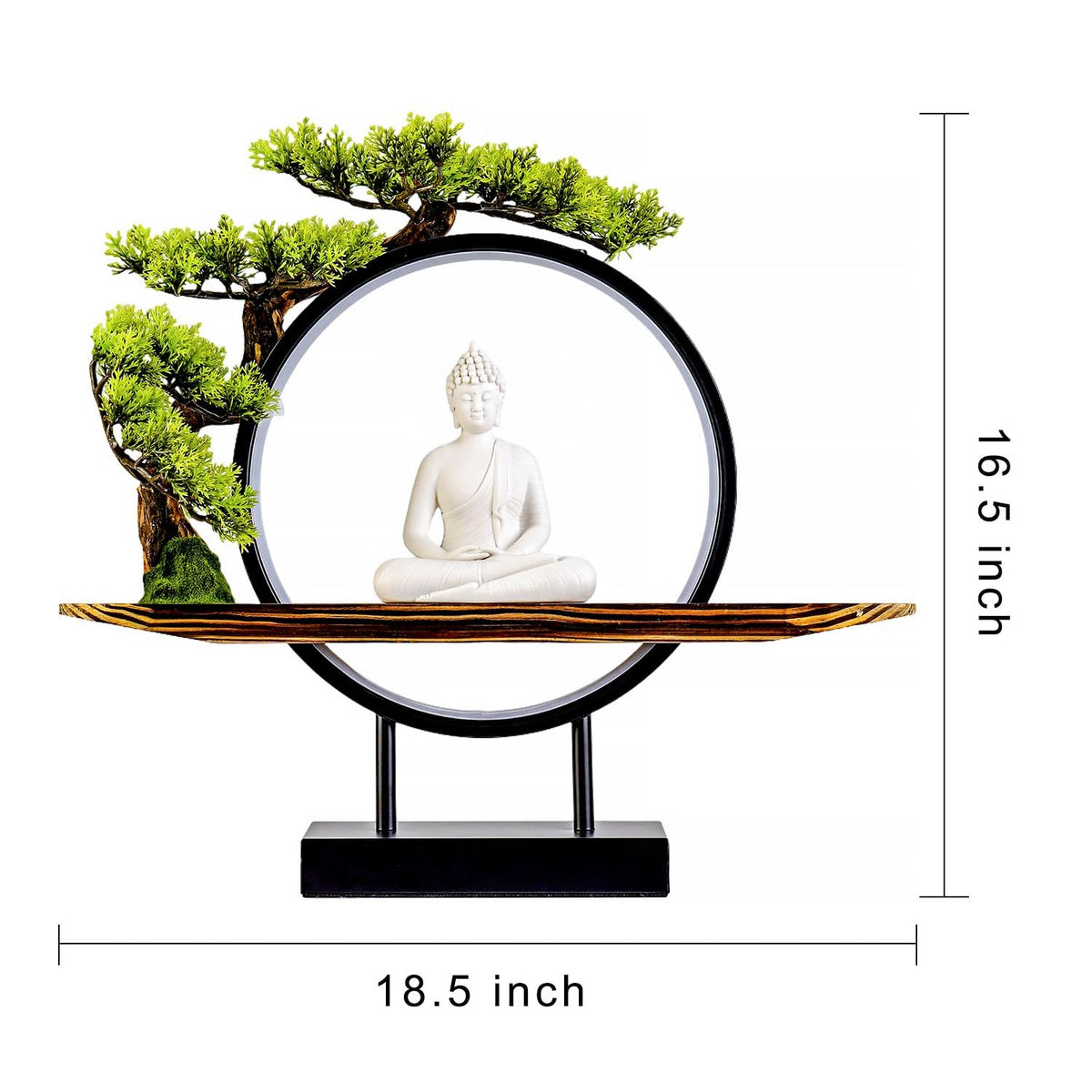 White Buddha Statue with Green Artificial Tree and LED Circle Table Lamp (White)