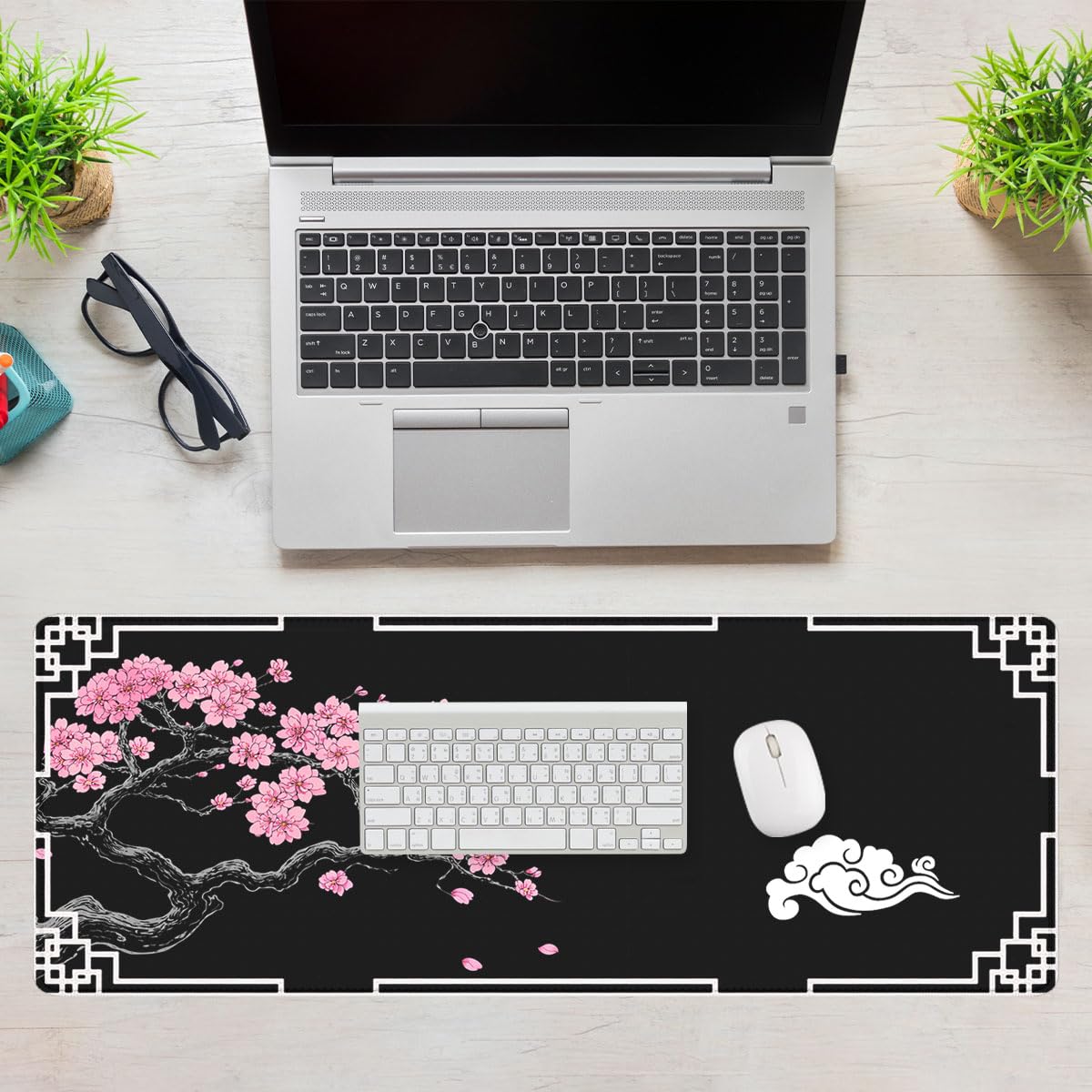 Cherry Blossom Gaming Mouse Pad Oriental Black Zen Art Extended Mousepad Waterproof Stitched Edges Rubber Base Non (31.5" x 11.8" / Cherry Blossom)