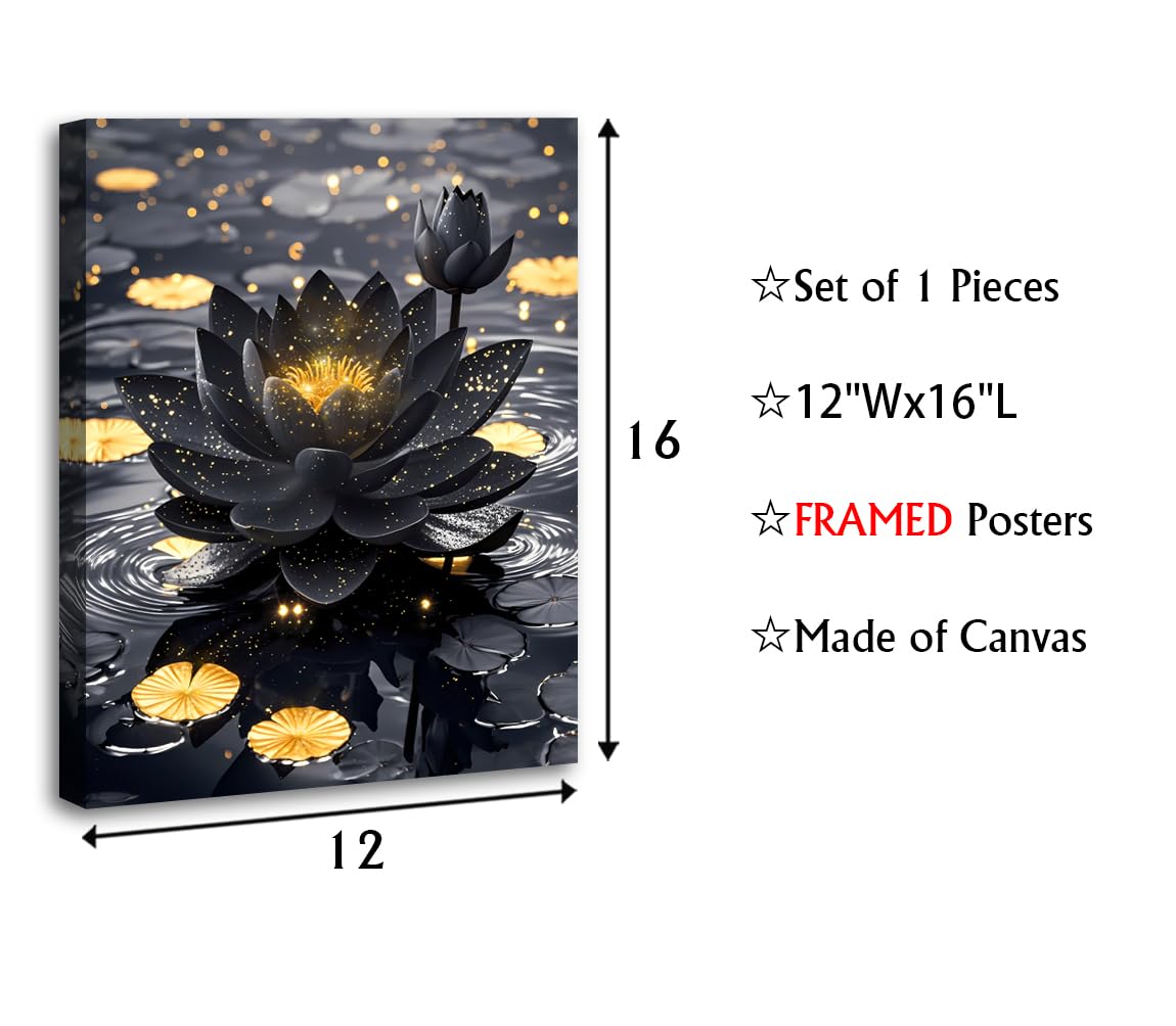 Lotus Floral Wall Art for Zen Office Decor Wall Art (Framed 12"X16"- Black and Gold Lotus Flower Print)