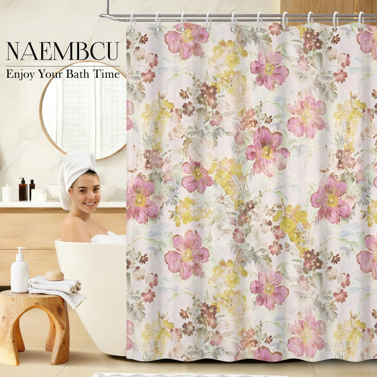 Vintage Floral Shower Curtain with Hooks (Floral-a)