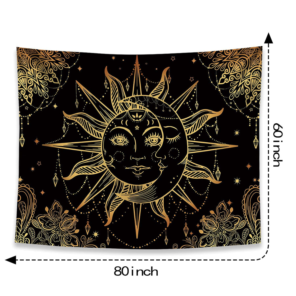 Hippie Sun and Moon Tapestry Bohemian Tapestry Aesthetic Cute Tapestries for Bedroom and Living Room Decor Sun 60×80 Inches (Golden Black / 80"L x 60"W)