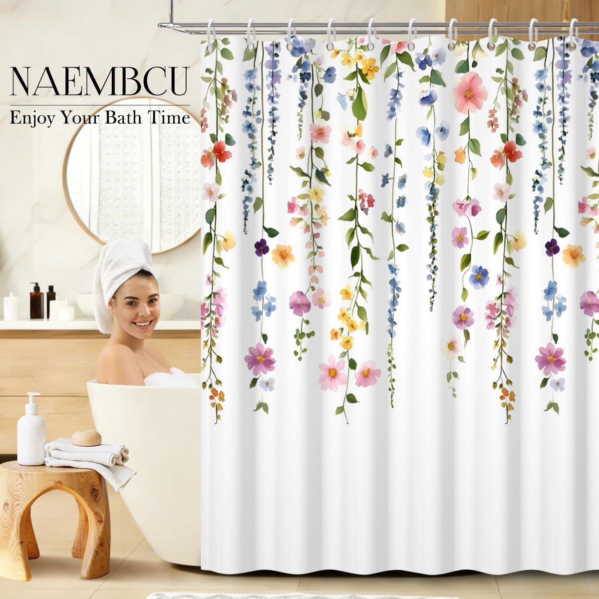 Drooping Flowers & Leaf Print Shower Curtain with Rings (Hanging Flower)