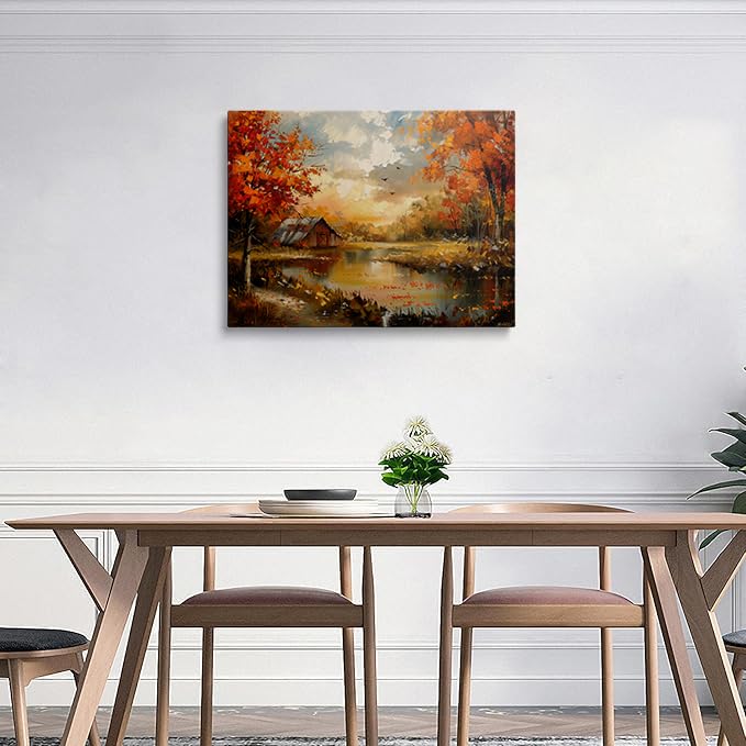 Canvas Wall Art Framed Autumn Landscape Farmhouse Barn Lake Fall Trees Wall Decor Rustic Country Nature Prints Posters Painting Artwork for Living Room Bedroom Kitchen Office Home Warm 12x16 Inches (Autumn Landscape / 16"L x 12"W)