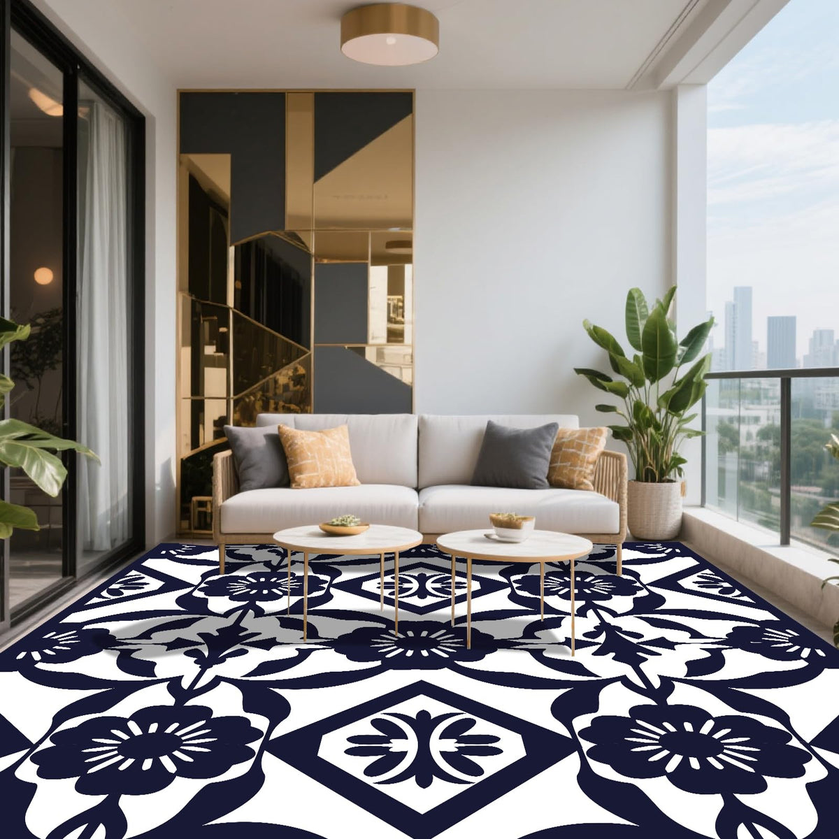 Navy Blue Flower Tile Rug 8x10 FT Waterproof Mat for RV Patio Camping (Klein / 8x10 Feet)