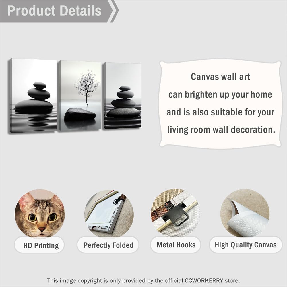 3PCS Zen Stones Canvas Wall Art Black and White Zen Stone Painting Calming Meditation Wall Decor for Yoga Studio Office Spa Bathroom (white / 24W"x36L"x3)