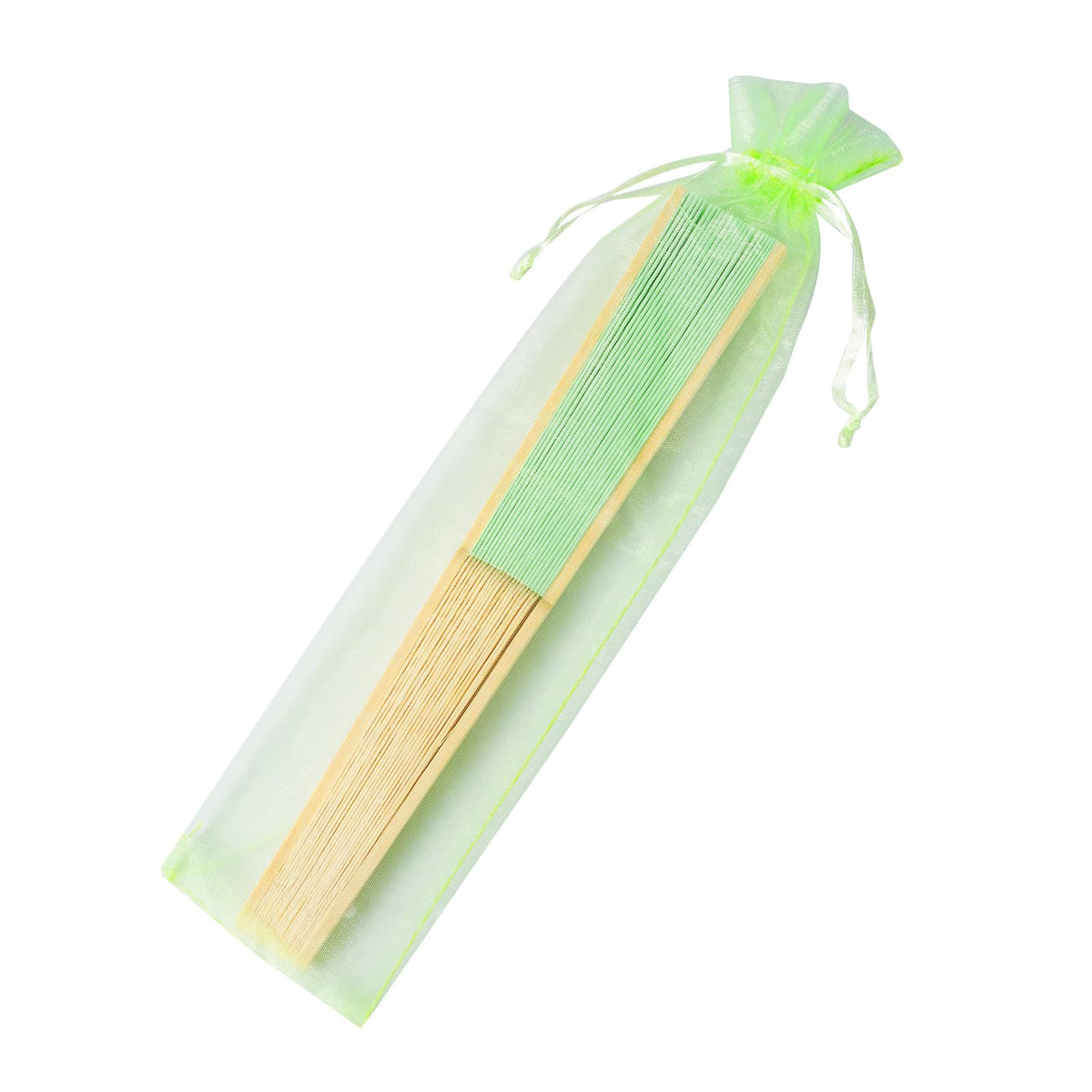 50pcs Paper Hand Fan with Organza Bags Bamboo Handheld Folding Fan DIY Decorative Wedding Party Favors (Light Green)