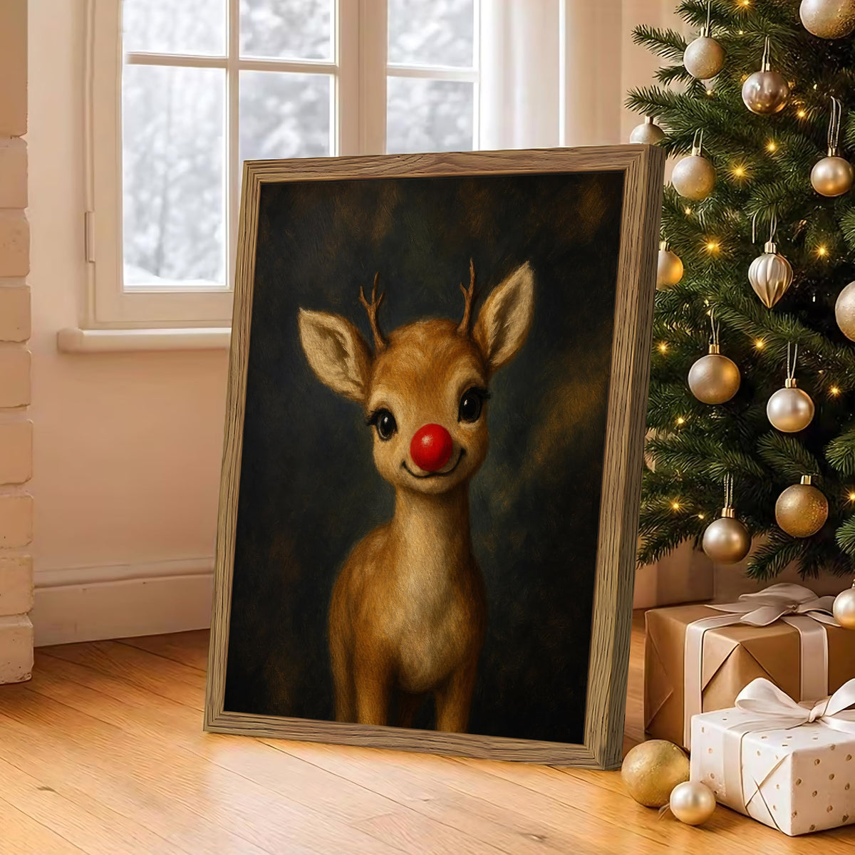 Vintage Christmas Wall Art (Red-nosed Deer / 24"L x 16"W)