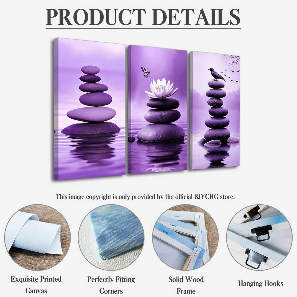 Set of 3 Zen Bathroom Canvas Wall Art Prints Purple Zen Stone & Bird Poster Water Lily with Butterfly Paintings Picture Yoga Meditation Artwork Spa Room Decor (Purple / 40x20inx3 Pieces)