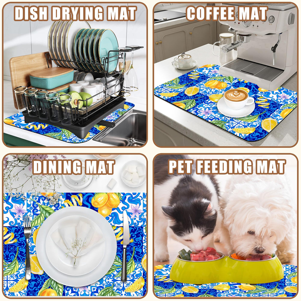 Lemon and Blue Tile Dish Drying Mat for Kitchen Counter Coffee Bar Mat Hide Stain Absorbent Rubber Backed Drying Rack Pad Espresso Machine Coffee Bar Accessories 11.8 x 19.7 Inch (11.8" x 11.8")
