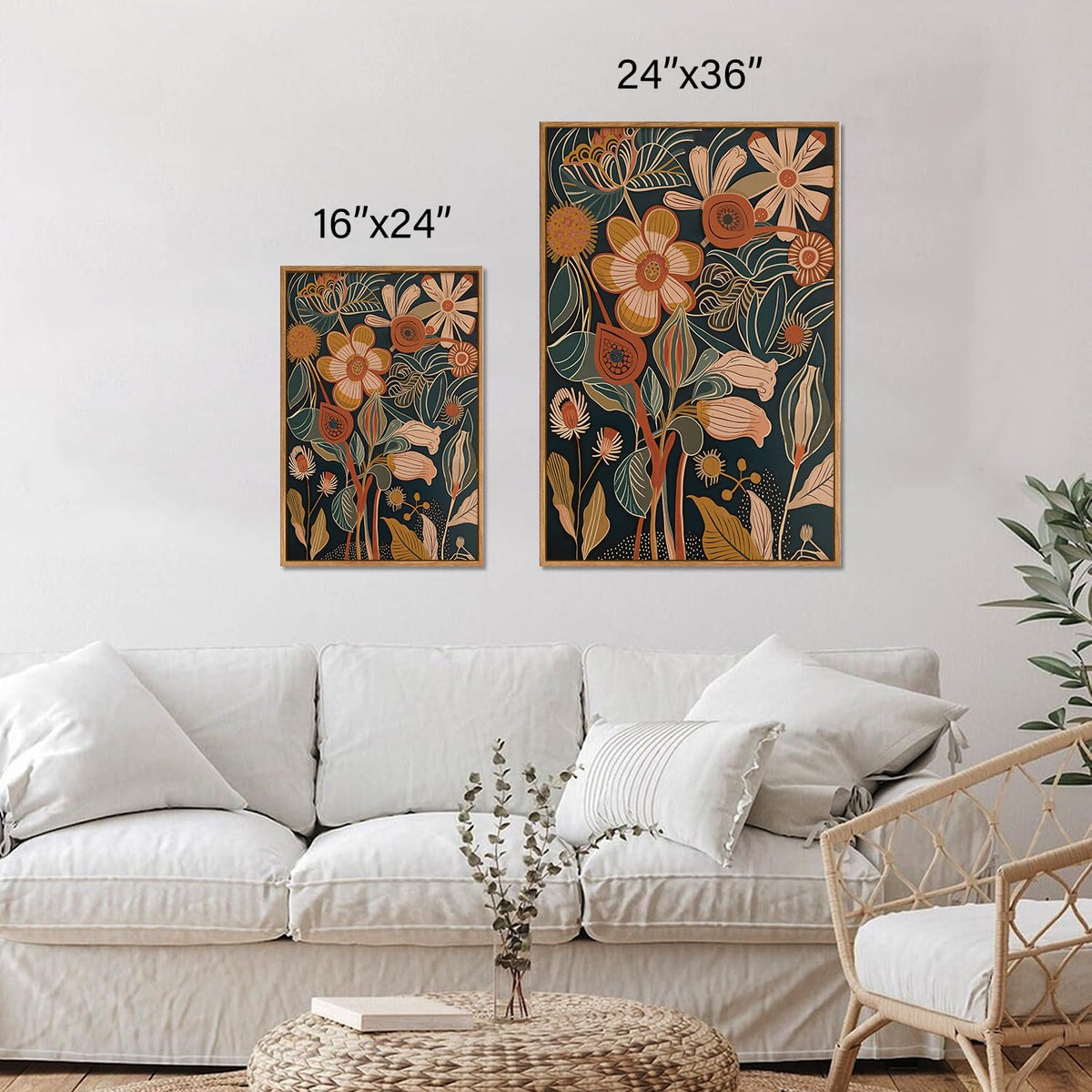 Vintage Burnt Orange Floral Framed Canvas Wall Art Set of 3 (Boho Flower / 36"L x 24"W)