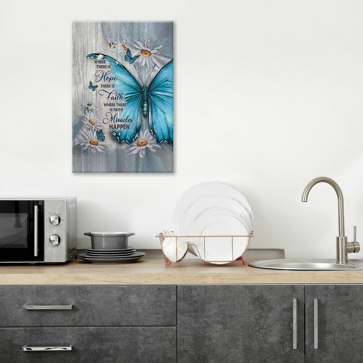 Farmhouse Butterfly Daisy Canvas Wall Art Rustic Teal Butterfly Pictures Wall Decor Inspirational Hope Faith Quotes Prints Painting Framed Artwork for Bathroom Bedroom Living Room Office 16"x24" (24"L x 16"W / Daisy Butterfly)