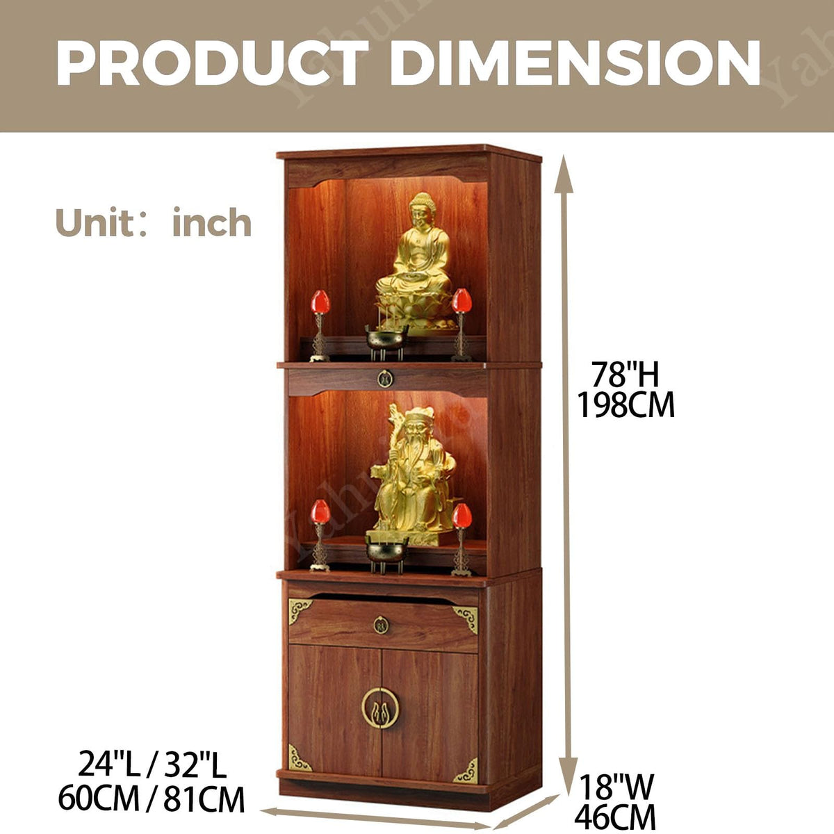 Multifunction Meditation Altar Table with Drawer and Shelf (Walnut(semi-open) / 32"Lx18"Wx78"H)