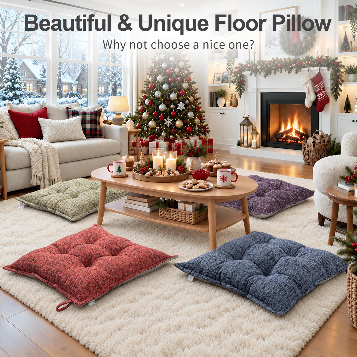 Floor Pillow Large Square 22x22 Inch (Beige)
