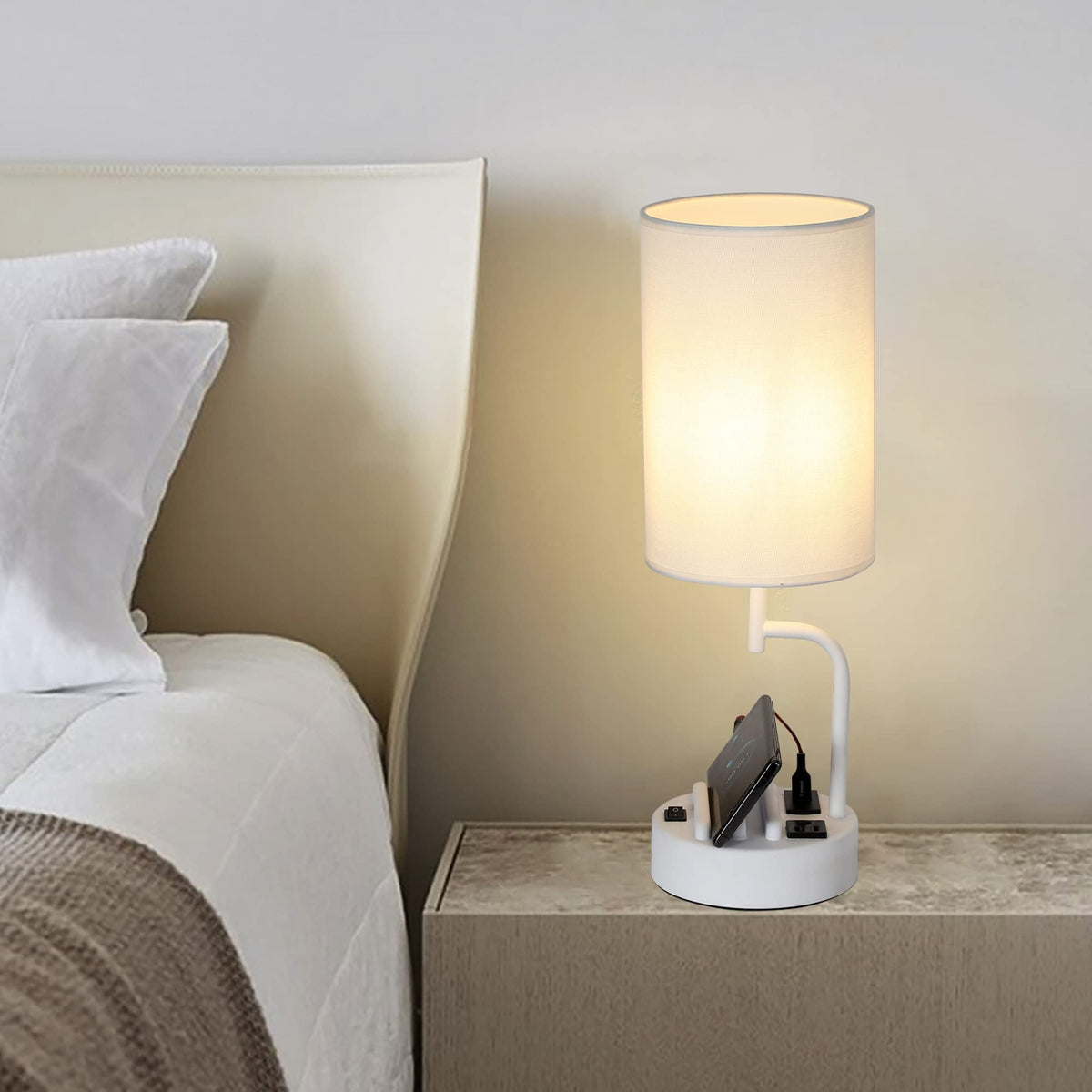 Table Lamp with 3 USB Charging Ports (White)