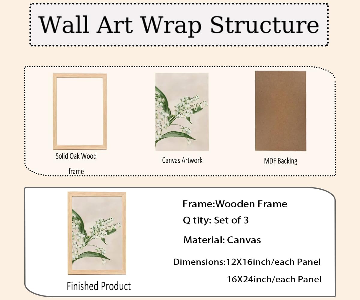 Japandi Floral Wall Art Set of 3 Neutral Green Botanical Print (Lily Of The Valley / 12 X 16 Inches)