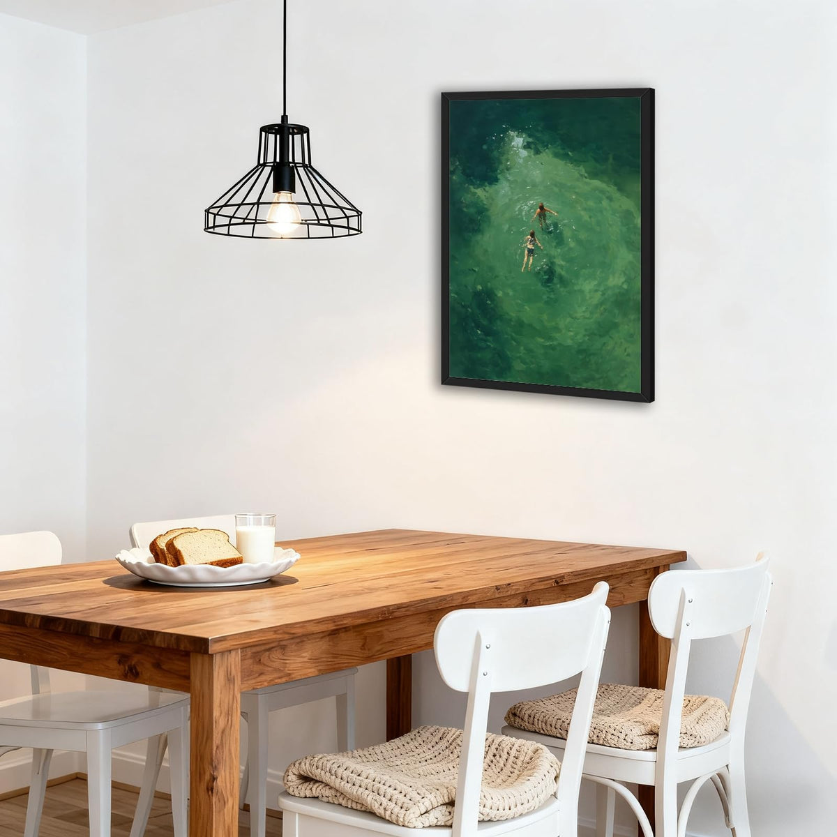 Black Framed Swimmers Wall Art Swimming in Green Abstract Canvas Poster Aerial View Summer Ocean Painting Print Minimalist Relaxing Coastal Artwork for Bedroom Beach House Decor 24x36inch (24"L x 36"W / Swim - Black Frame)