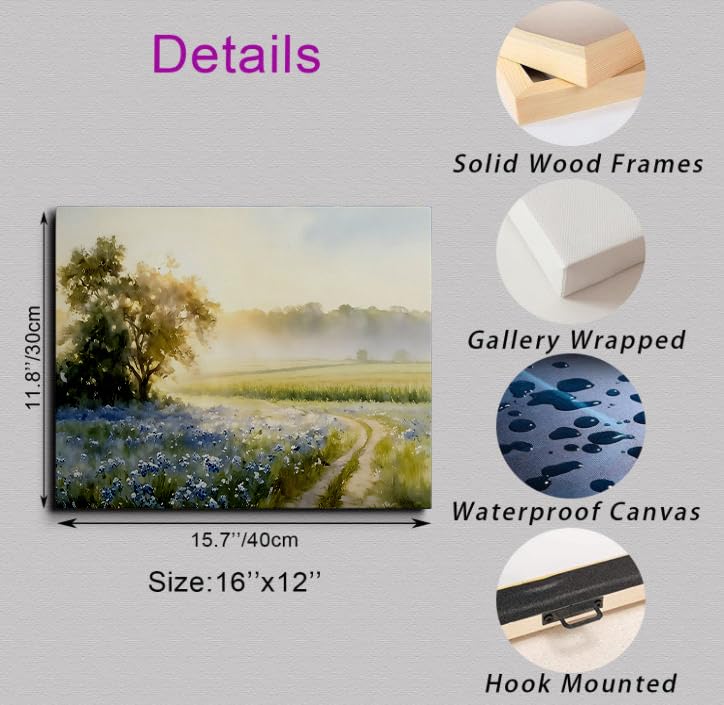 Bluebonnet Meadow Canvas Wall Art Framed Nature Landscape Decor 12x16 Inch (Bluebonnet Meadow / 16"L x 12"W)
