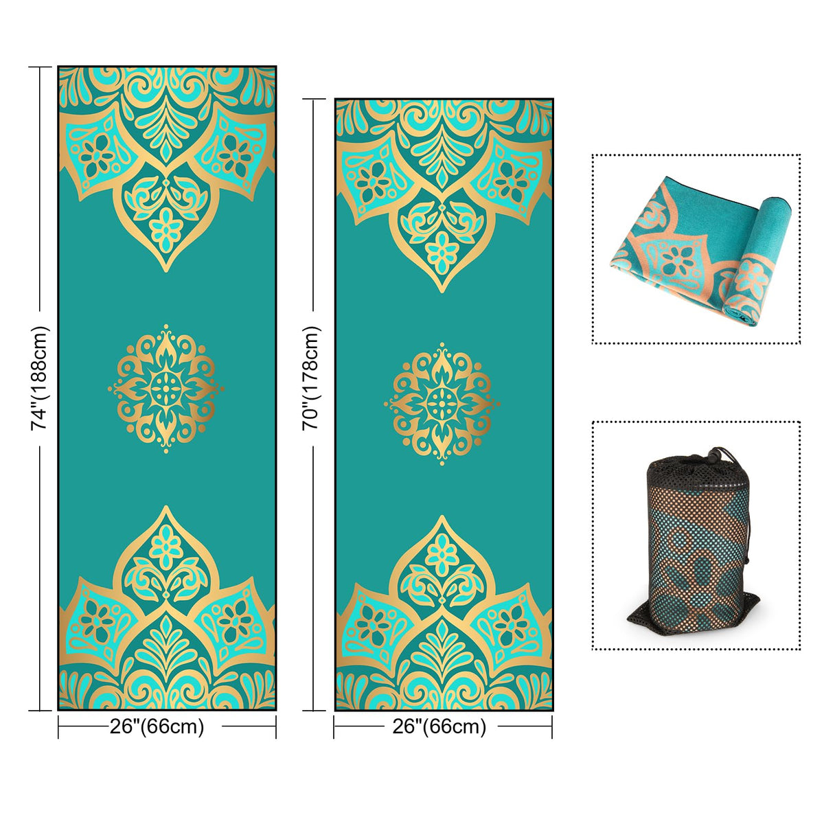 Hot Yoga Towel with Grip Dots (Turquoise Gold Mandala / 74" x 26")