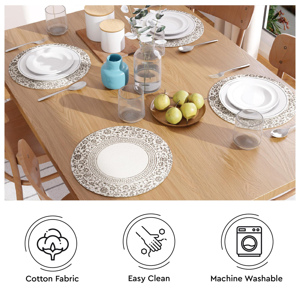 Placemats Round Cotton Dining Table Mats 13" (Printed Grey / 13" (Set of 4))