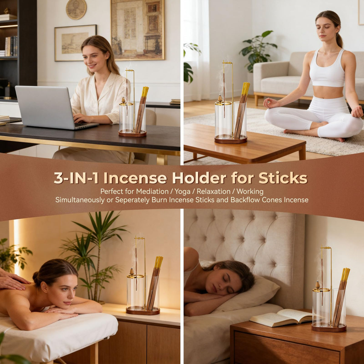 3 in 1 Incense Holder for Sticks Upside Down Anti (Brown)