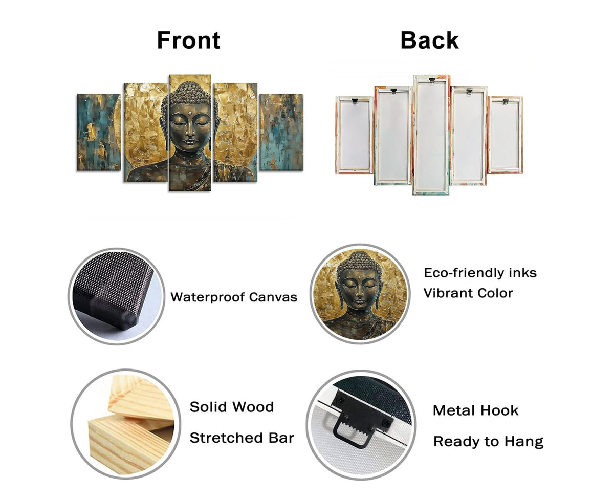 Buddha Canvas Wall Art 5 Piece Zen Wall Decor Vintage Cyan and Gold Buddha Picture Meditation Painting Buddhism Prints for Yoga Spa Spiritual Room Decor Framed (80x40 inch / Picture-7)