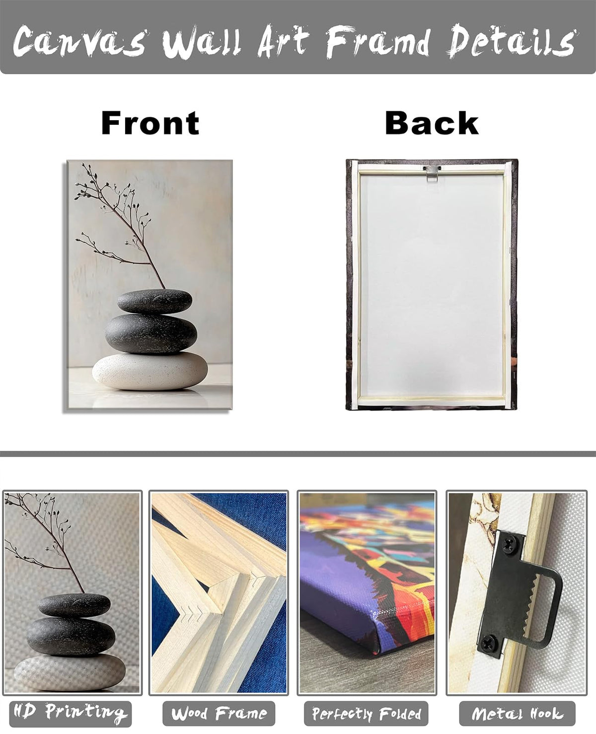 Zen Canvas Wall Art Spa Stones Picture Wall Decor Framed Meditation & Calm Painting Minimalist Prints Spiritual Room Living Room Bathroom Ready to Hang (36"L x 24"W / C - Beige)