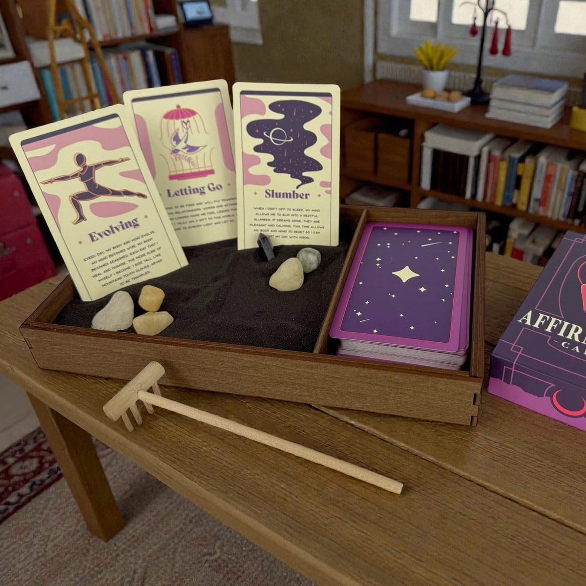 Wooden Zen Garden with Daily Affirmation Cards for Women and Men (Midnight Purple / Affirmation Cards)