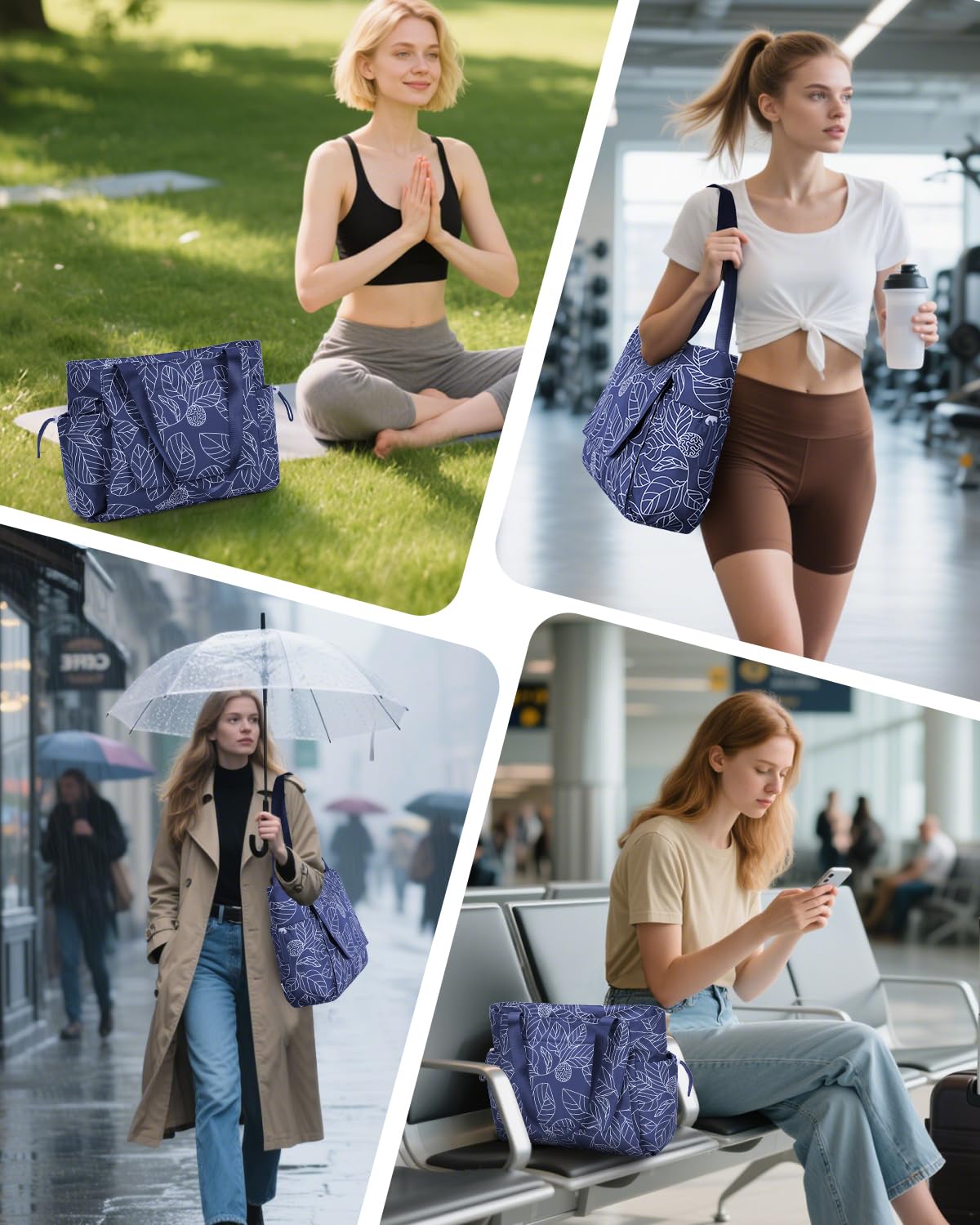 Yoga Mat Bag Waterproof Tote Gym Bag Mat Carrier W (Navy Blue Leaves)
