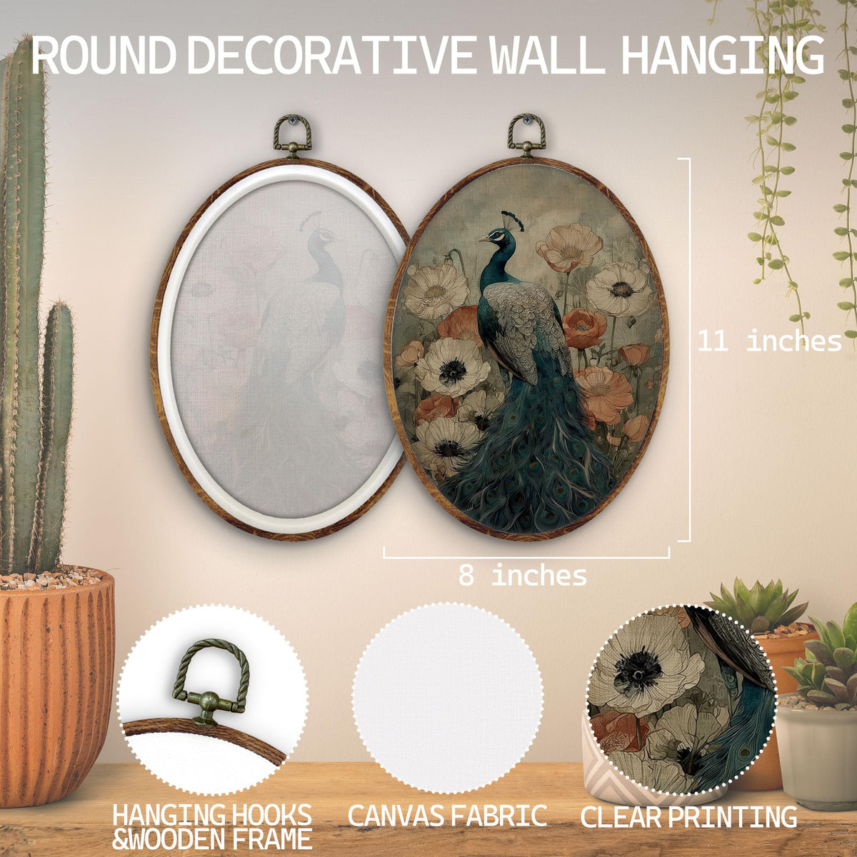 Vintage Peacock Floral Oval Wall Art Decor (peacock)