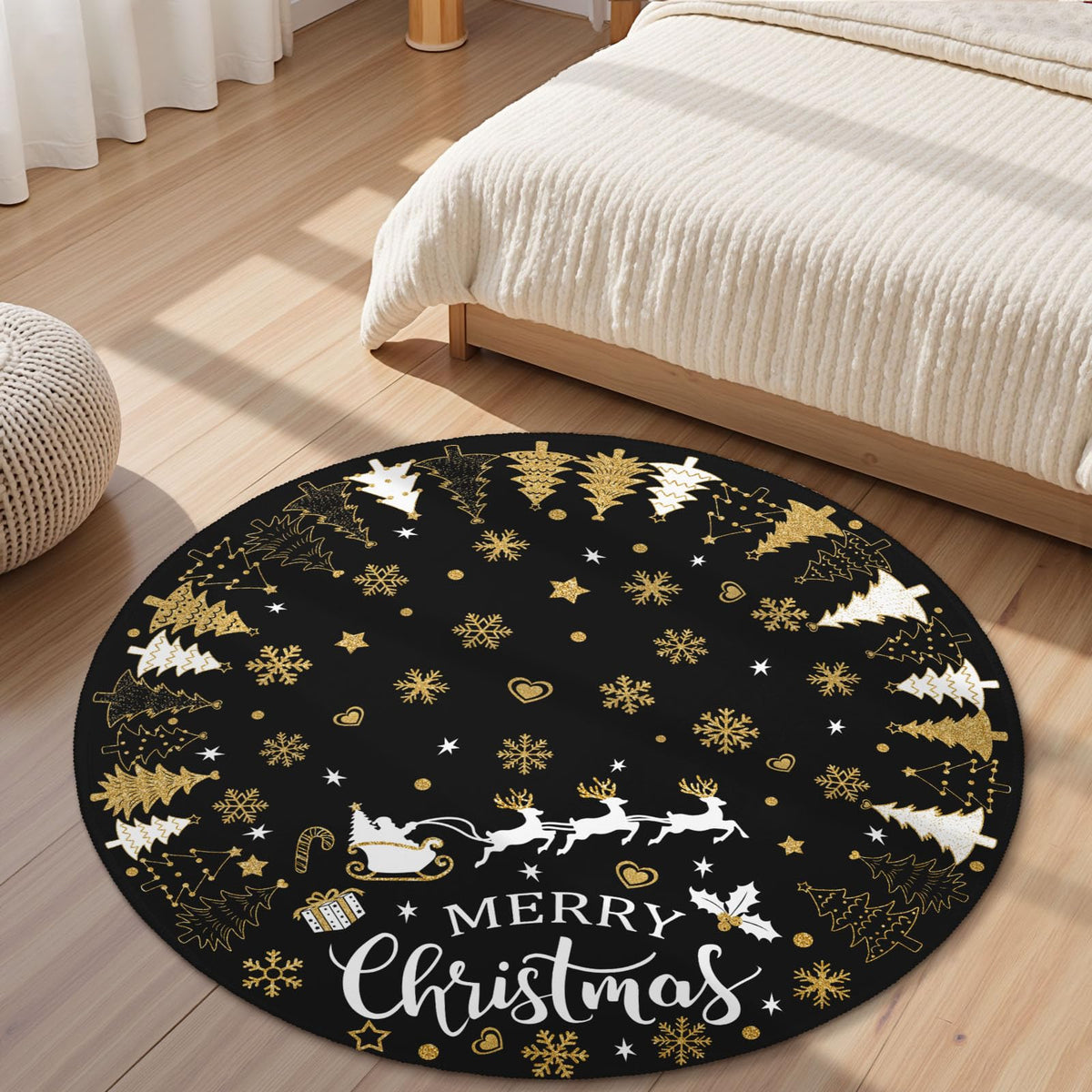 Merry Christmas Round Area Rug 5ft (Gift-black Gold / 5' (Round))