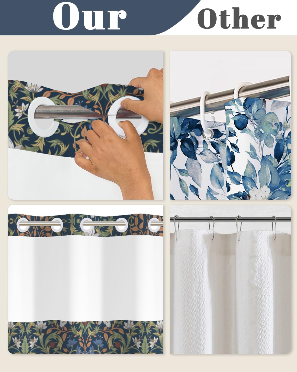 No Hook Shower Curtain and Snap in Liner Set (William Morris -3)