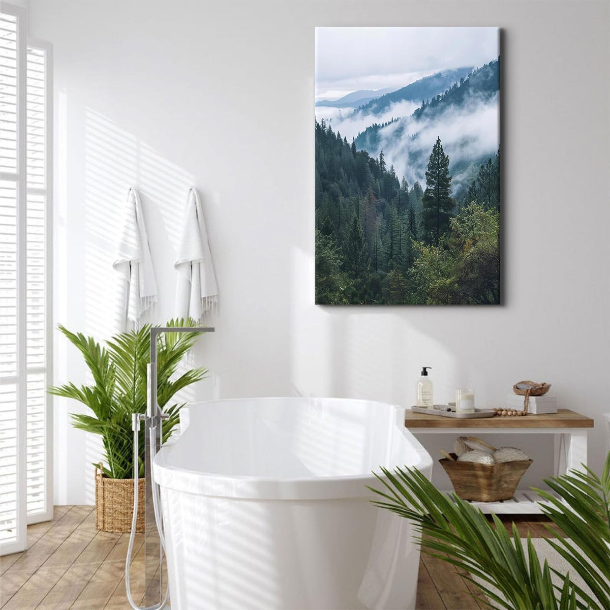 Misty Forest Mountain Canvas Wall Art Green Tree Scenery Pictures Prints Photo (32"L x 48"W / ZRFJ07)