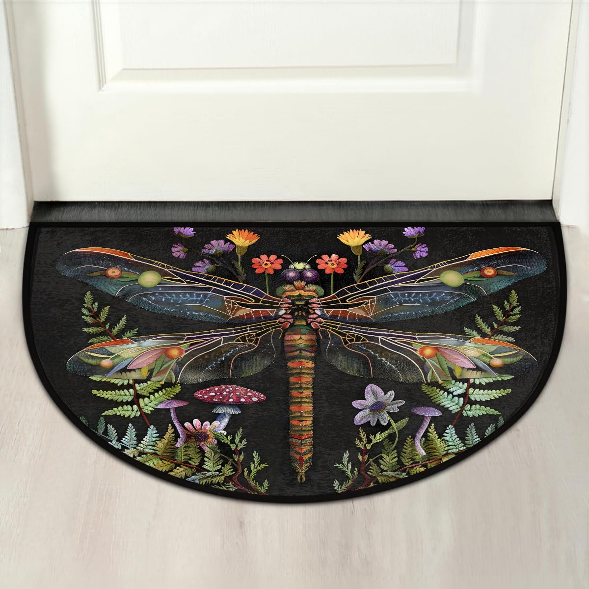 Dragonfly Mushroom Flower Half Round Door Mat Non Slip Washable Semi Circle Area Rug Absorbent Soft Half Moon Rug Floor Mat for Indoor Outdoor Kitchen Bathroom Patio Front Door Mat Decor (B21)
