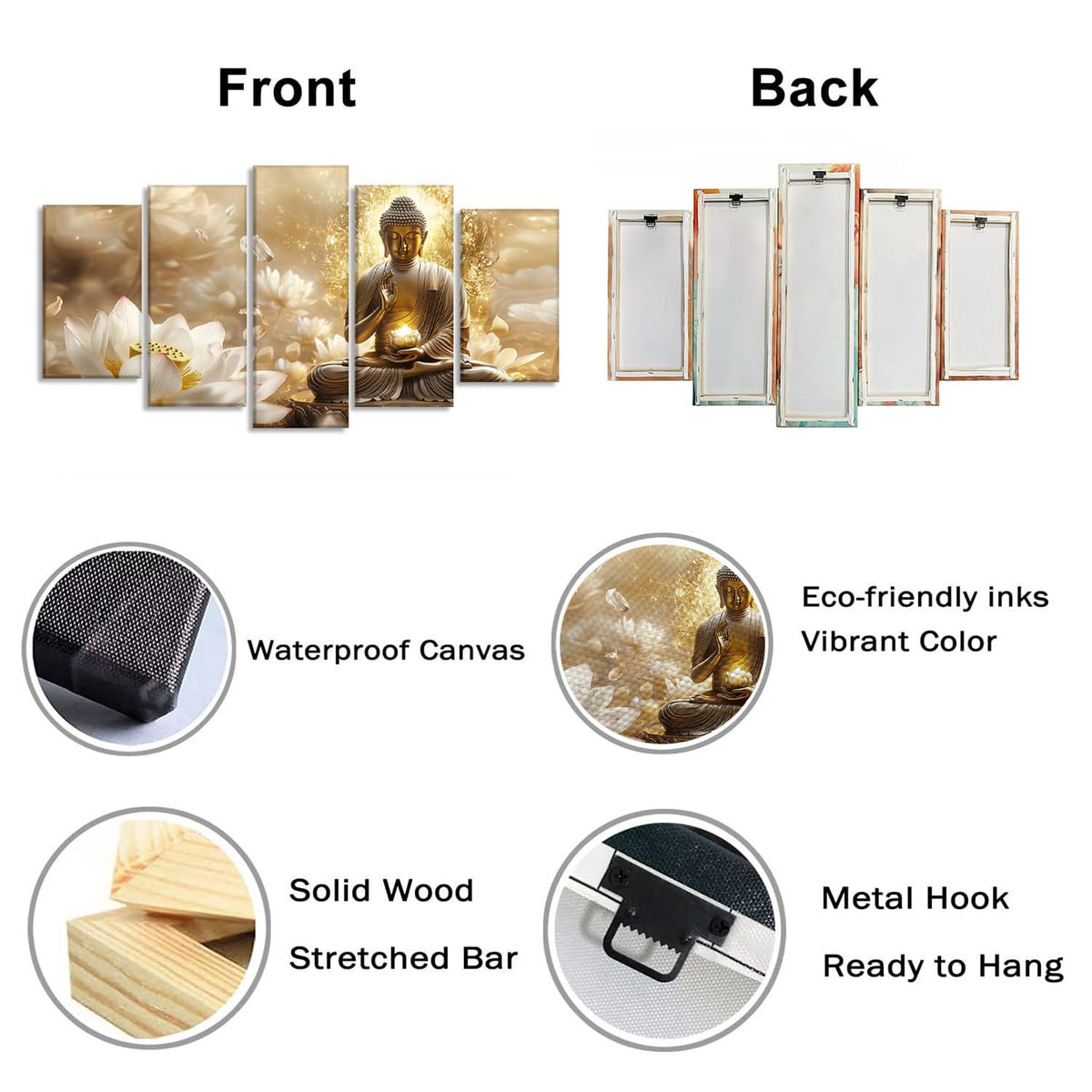 Gold Buddha Canvas Wall Art 5 Piece Zen Wall Decor Buddhism Meditation Picture Lotus Prints for Spiritual Room Living Room Home Decor Framed (50x24 inch / Picture-3)