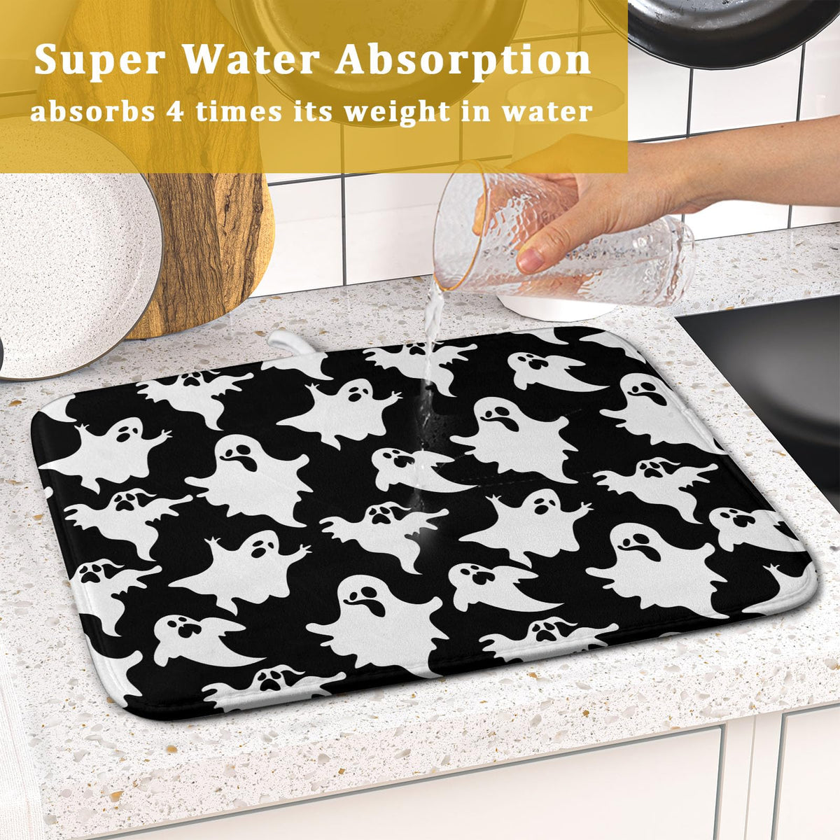 Halloween Bat Ghosts Dish Drying Mat for Kitchen Counter (Halloween Bat Ghosts230807 / 16" x 18")