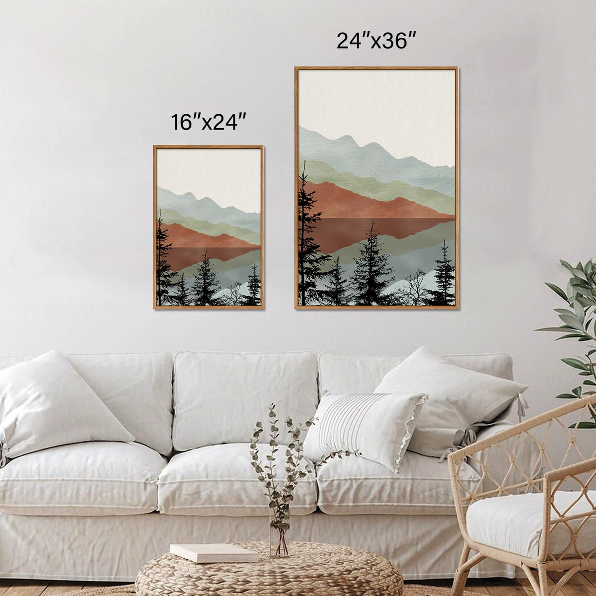 Boho Mountain Framed Canvas Wall Art Set (Watercolor Mountain / 36"L x 24"W)