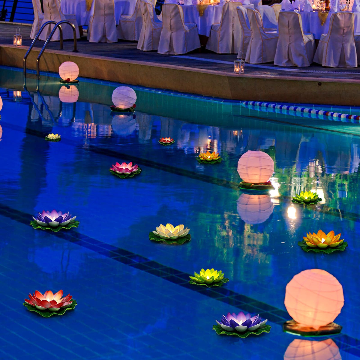 12PCS 5’’& 6’’Diwali Floating Lotus Light (5''+6'' / Mix-color)