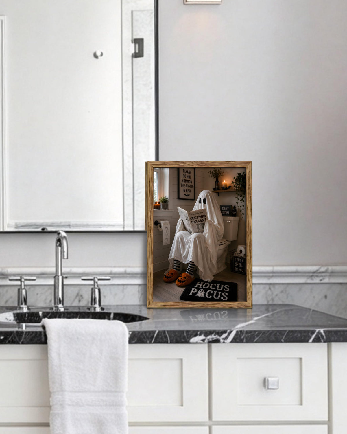 Framed Funny Halloween Bathroom Wall Art (A-White Ghost / 16"L x 12"W)