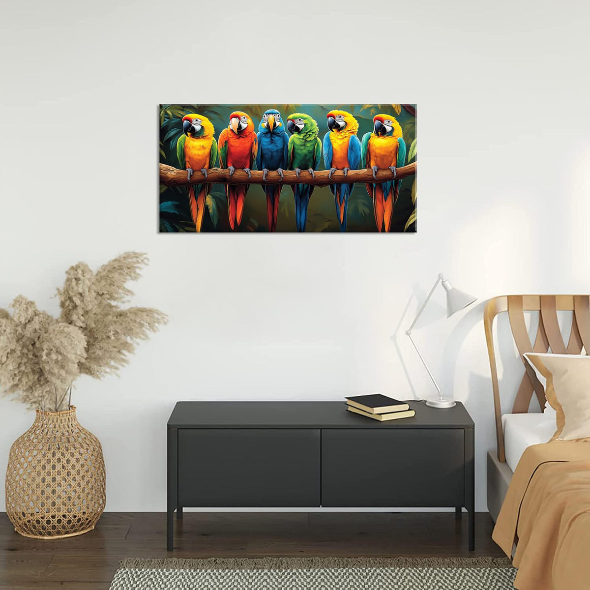 Vibrant Multicolor Parrots Wall Art for Living Room Office Realistic Tropical Jungle Wildlife Nature Painting Prints Contemporary Canvas Artwork Dining Bedroom Decor Large (Contemporary / Vibrant Multicolor Parrots Wall Art / 46"L x 23"W)
