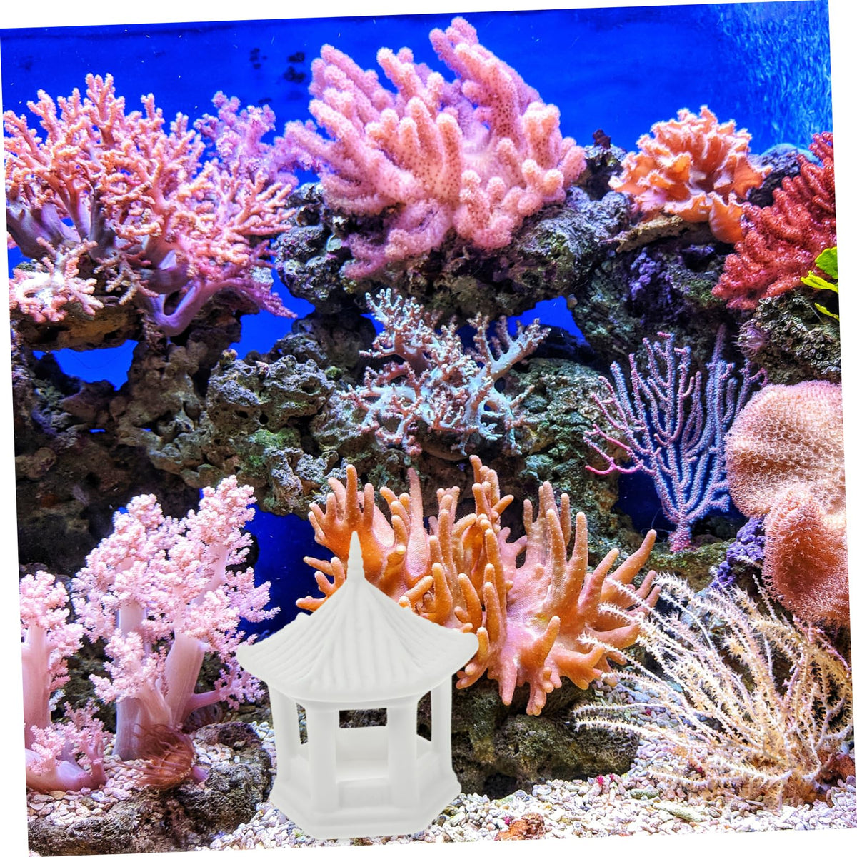 Hexagonal Pavilion Ornament 2.79X2.44X2.16In Miniature Ceramic Pavilion Statue for Fish Tank Decor Aquarium Decoration Zen Garden Accessories and Desktop Ornament